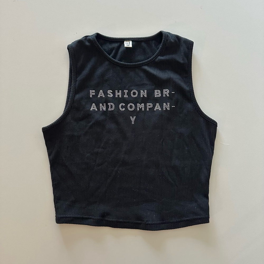 Fashion Brand Company Ribbed Rhinestone Spellout Logo Crop Tank Top S/M